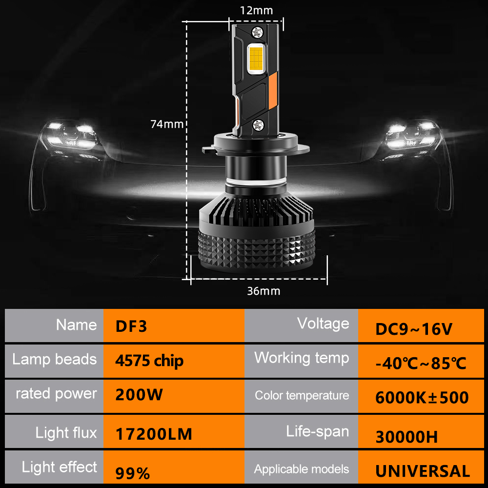 AKE DF3 200 watts 9006 led headlight bulb high bright 4575 chips 6000k 17200 lumen car led headlight 9006 hb4 DC 9-16V three copper tubes 9006 led bulb with canbus