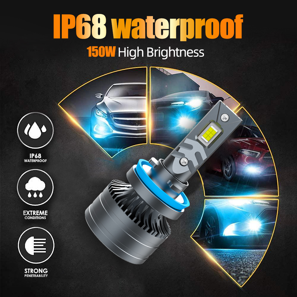 AKE T4F 150 watts 9006 led headlight bulb IP68 waterproof aviation aluminum alloy 6063 hb4 9006 led headlight 9-16V high bright 15000lm 6000k luces led 9006 with canbus