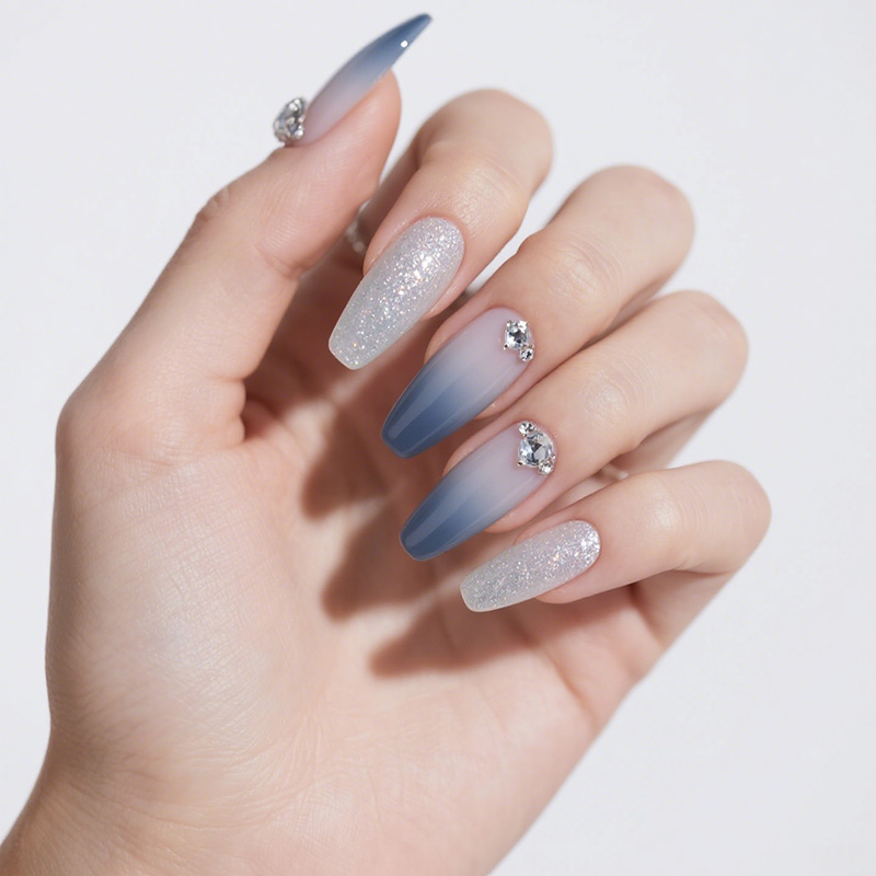 lavara press on nails blue ombre silver glitter coffin long