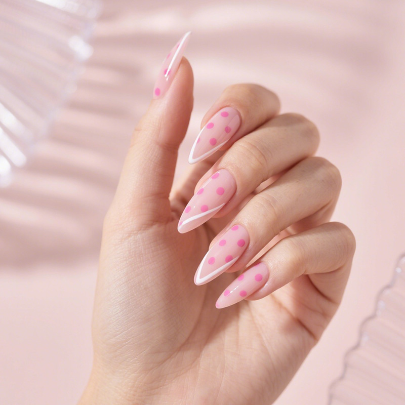 lavara press on nails nude pink stiletto nails polka dot french tip