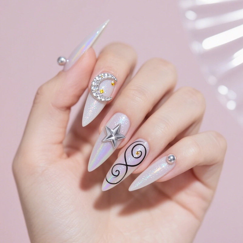 lavara press on nails pearl white holographic moon star stiletto long