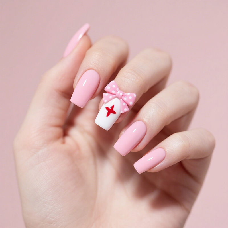 lavara press on nails pink nurse themed nail art bow design
