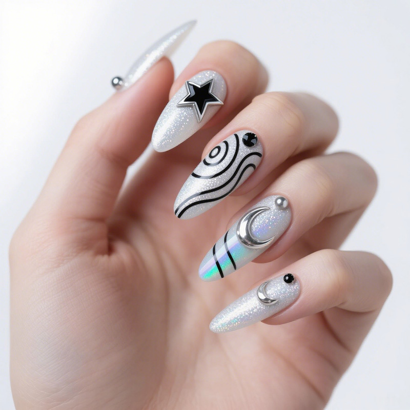 lavara press on nails silver galaxy nail art black star moon pattern